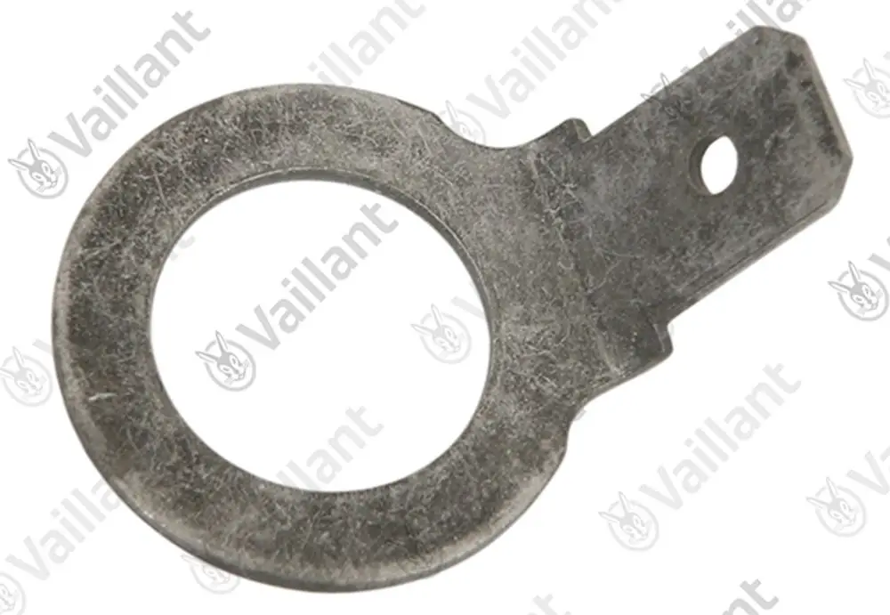 Vaillant Stecker, flache Metallkomponente mit einem runden Teil und einer seitlichen Lasche. Produkt kann für elektrische Verbindungen verwendet werden.